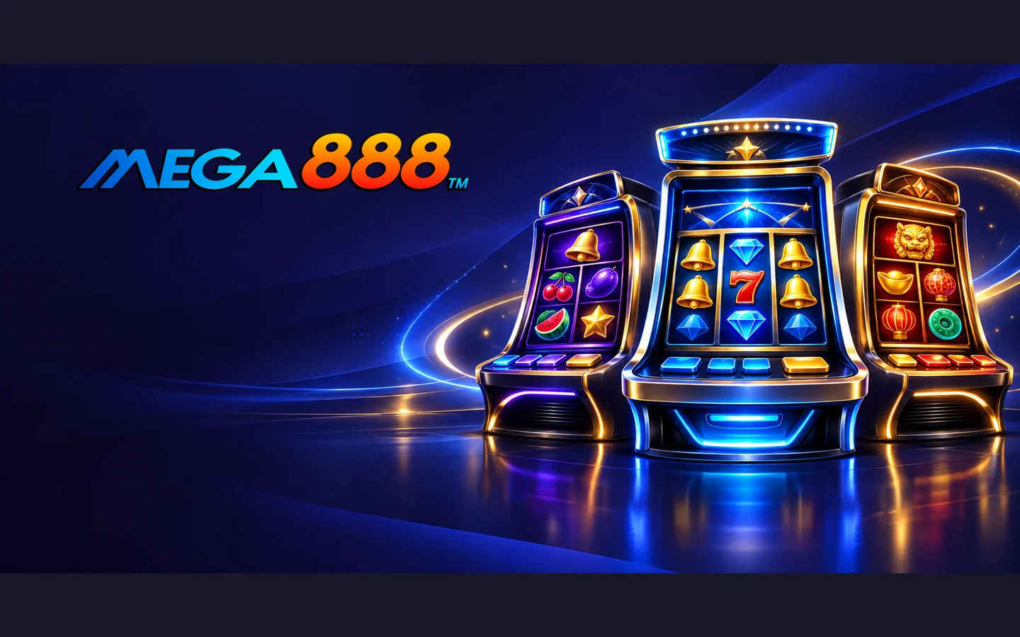 Logo Mega888 bersama ilustrasi mesin slot